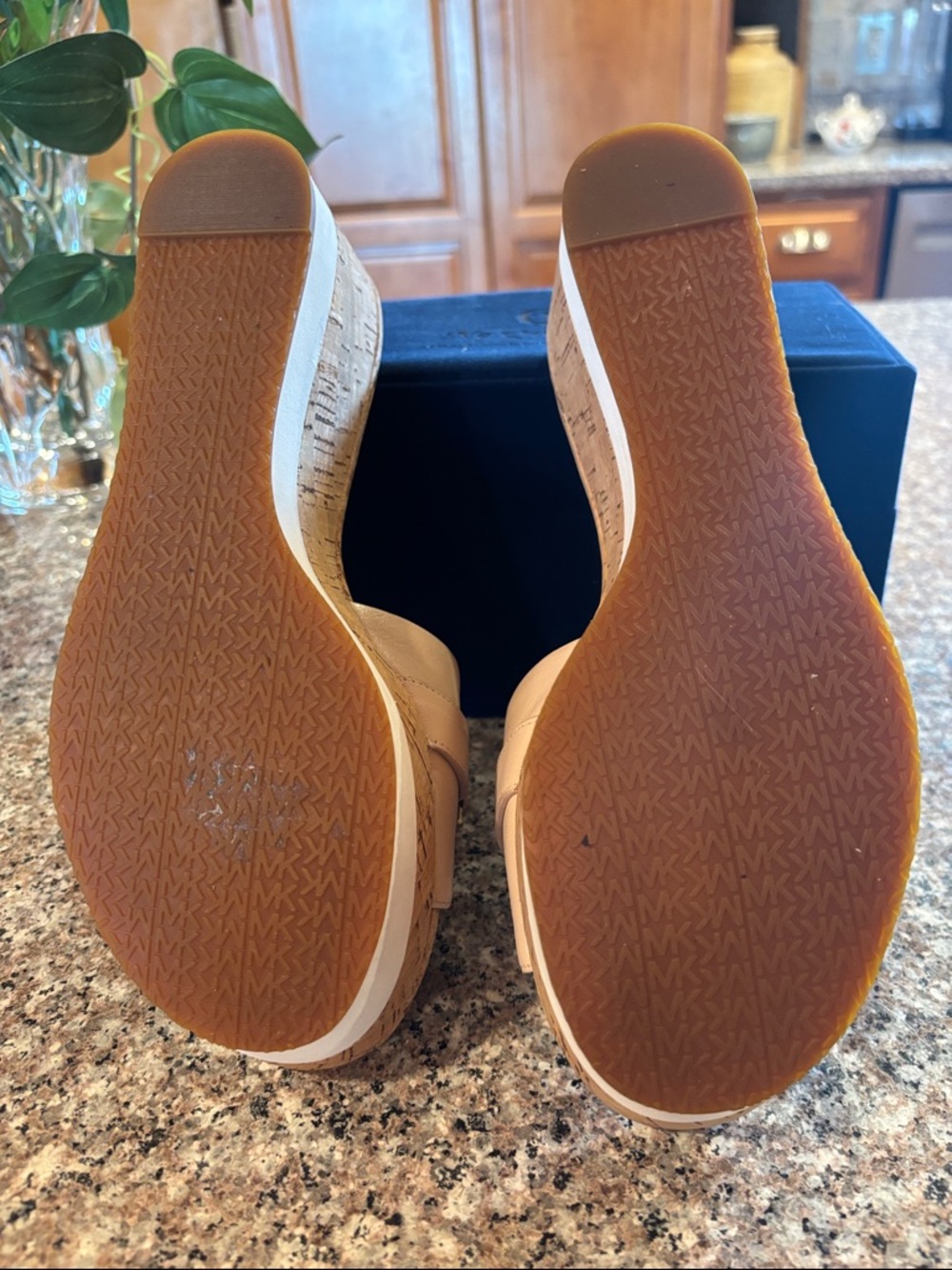 Michael Kors Warren Nude Leather Cork Wedge Slide Sandals with Gold MK Medallion - Picture 10 of 16